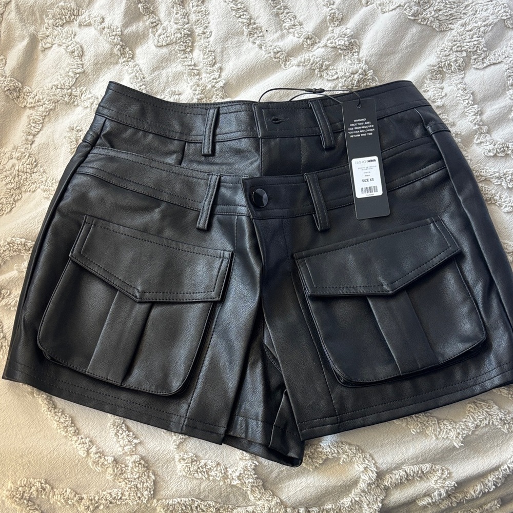 Black Faux Leather Cargo Shorts